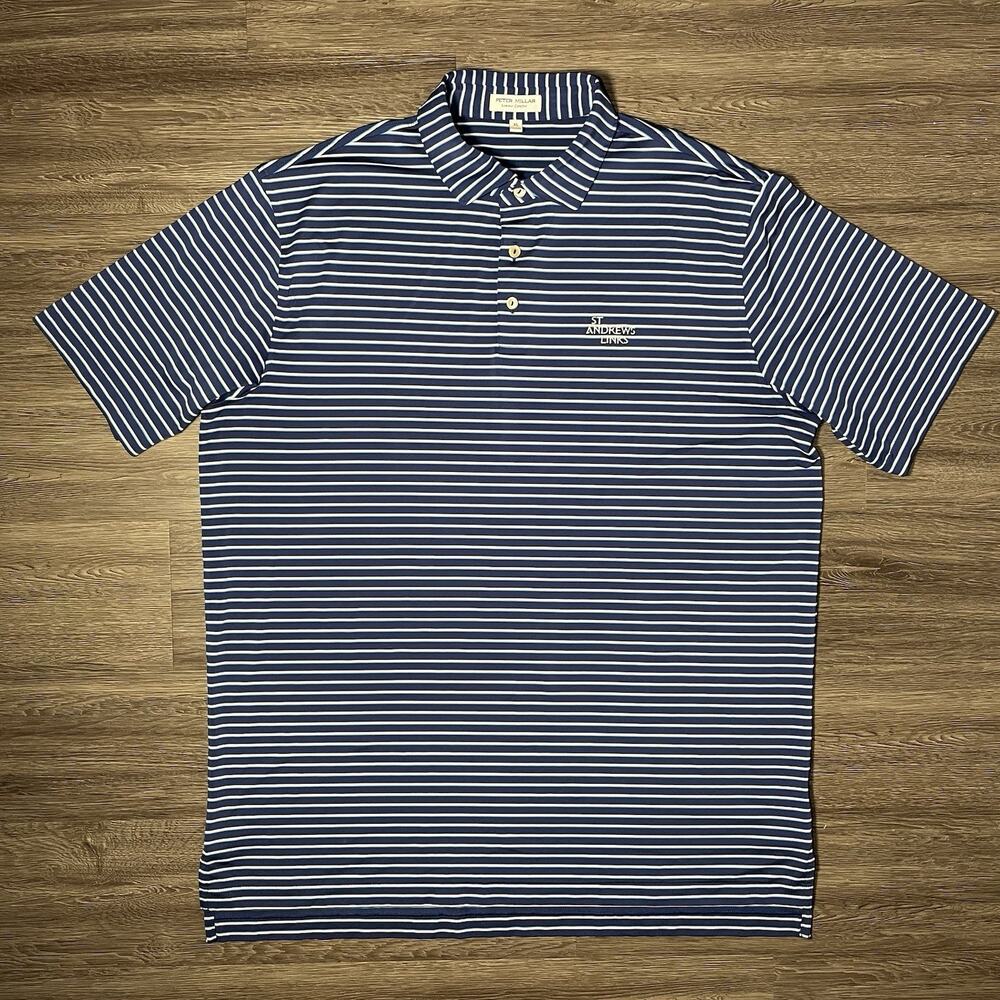 Peter Millar Summer Comfort Polo Men's L Blue Stripe St Andrews Links Golf EUC